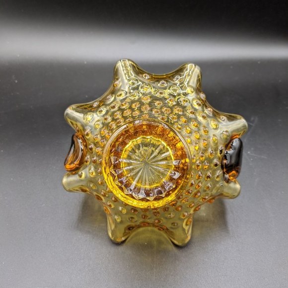 Amber Art Glass Hobnail Ruffled Edge Basket Applied Handle Vintage Candy Dish - Picture 2 of 7